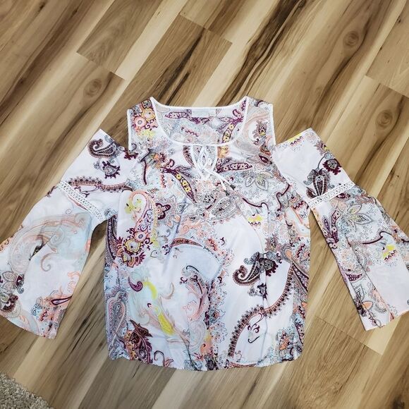 BISOU BISOU Cold Shoulder Paisley Print Bell Sleeve Boho Gypsy Blouse Size 1X - Picture 6 of 6